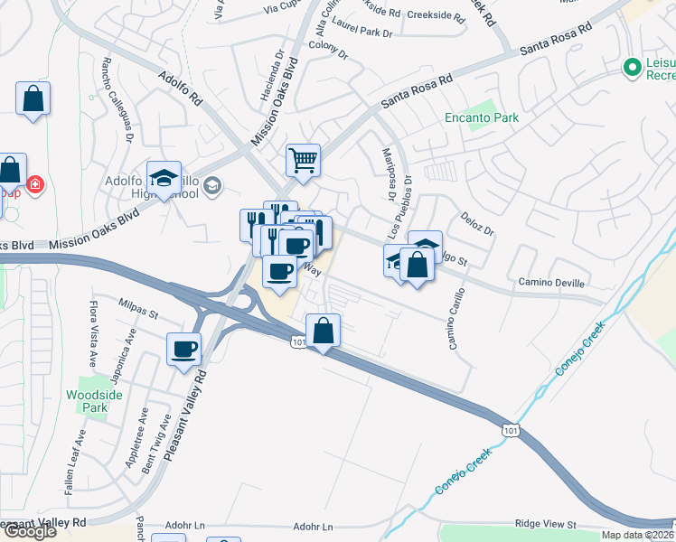 map of restaurants, bars, coffee shops, grocery stores, and more near 4994 Verdugo Way in Camarillo