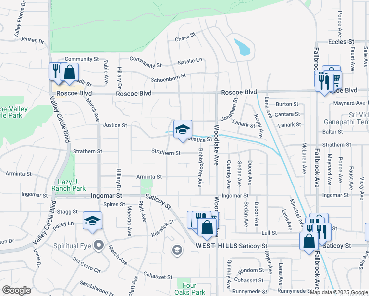 map of restaurants, bars, coffee shops, grocery stores, and more near 23350 Justice Street in Los Angeles