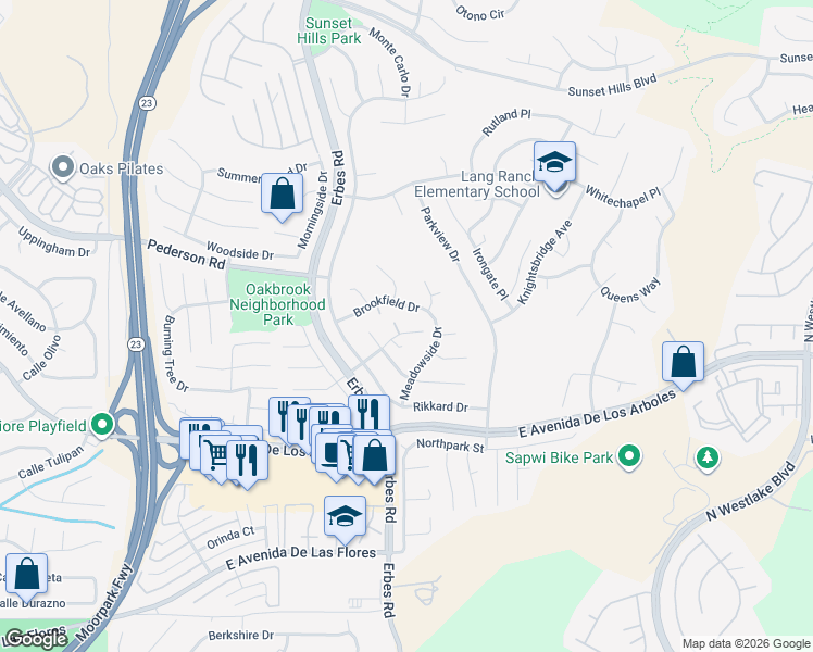 map of restaurants, bars, coffee shops, grocery stores, and more near 2147 Meadow Brook Court in Thousand Oaks