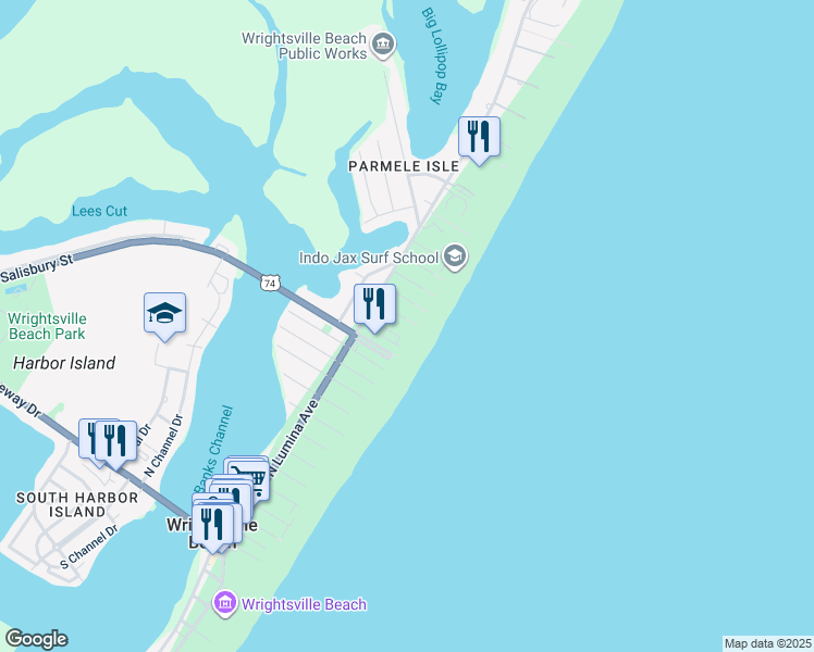 map of restaurants, bars, coffee shops, grocery stores, and more near 14 Shearwater Street in Wrightsville Beach