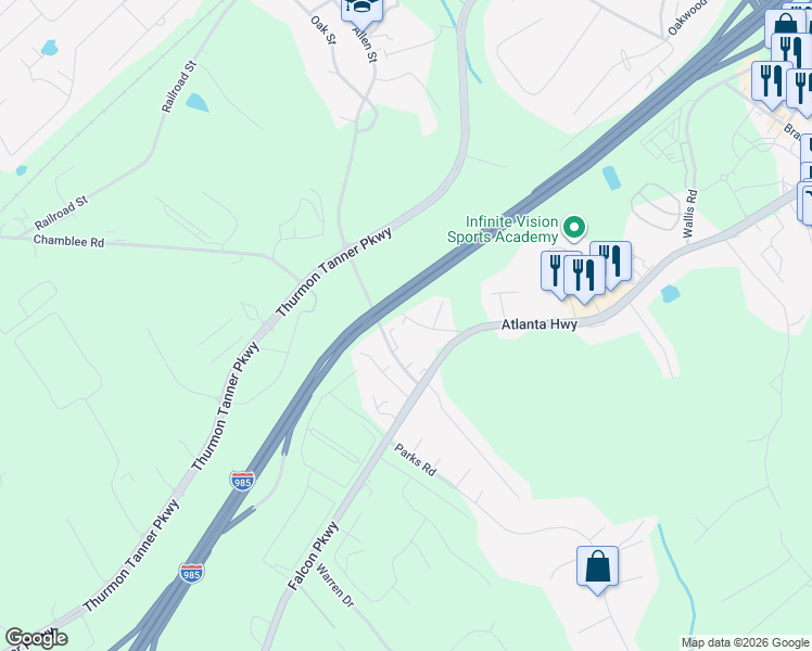 map of restaurants, bars, coffee shops, grocery stores, and more near 4853 Plainview Road in Flowery Branch