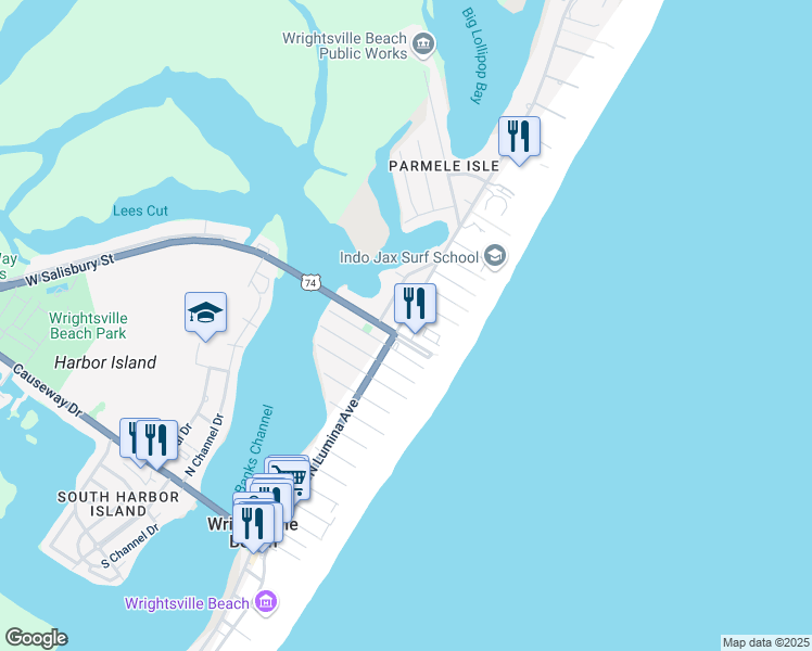 map of restaurants, bars, coffee shops, grocery stores, and more near 1104 North Lumina Avenue in Wrightsville Beach
