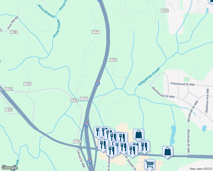 map of restaurants, bars, coffee shops, grocery stores, and more near 1880 Goodwin Drive Northwest in Cullman