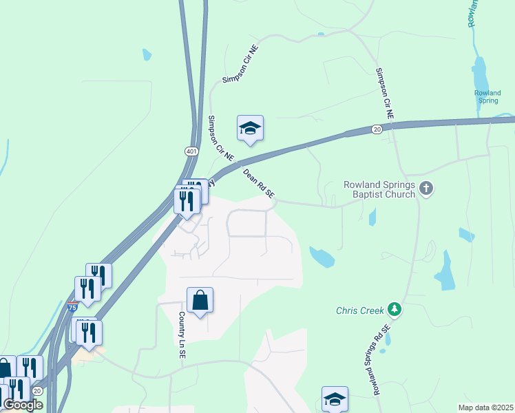 map of restaurants, bars, coffee shops, grocery stores, and more near 28 East Boxwood Drive Southeast in Cartersville