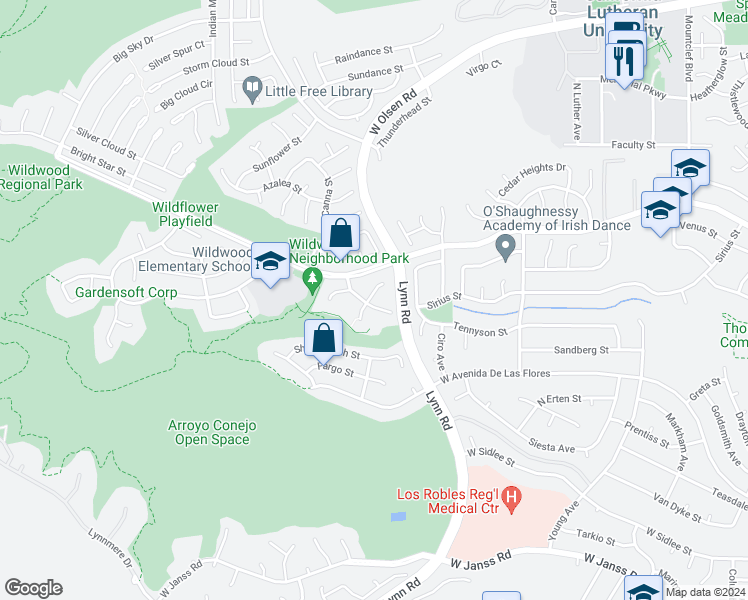 map of restaurants, bars, coffee shops, grocery stores, and more near 2650 La Paloma Circle in Thousand Oaks