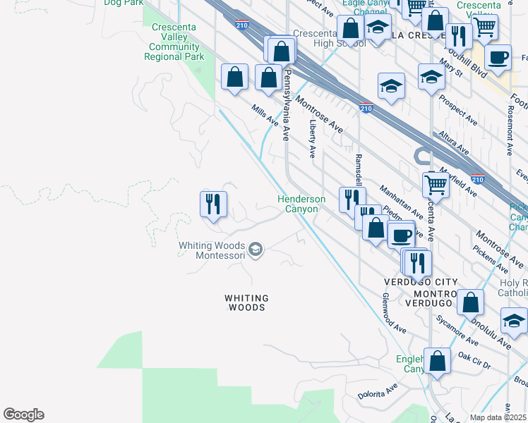map of restaurants, bars, coffee shops, grocery stores, and more near 3777 Whiting Manor Lane in Glendale