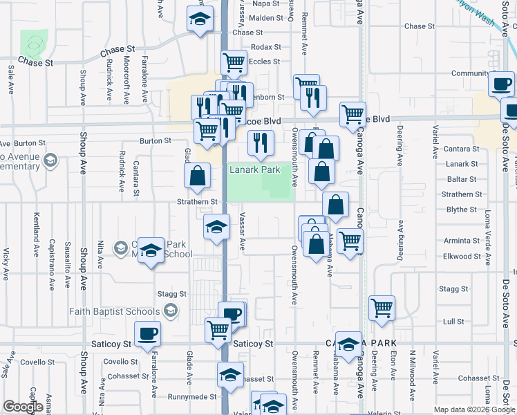 map of restaurants, bars, coffee shops, grocery stores, and more near 21830 Strathern Street in Los Angeles