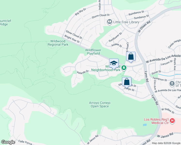 map of restaurants, bars, coffee shops, grocery stores, and more near 2623 Velarde Drive in Thousand Oaks