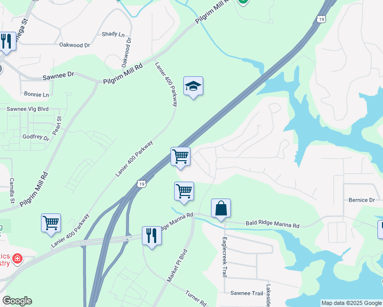 map of restaurants, bars, coffee shops, grocery stores, and more near 1256 Elderwood Way in Cumming