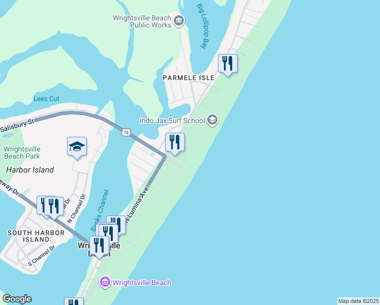 map of restaurants, bars, coffee shops, grocery stores, and more near 14 Shearwater Street in Wrightsville Beach