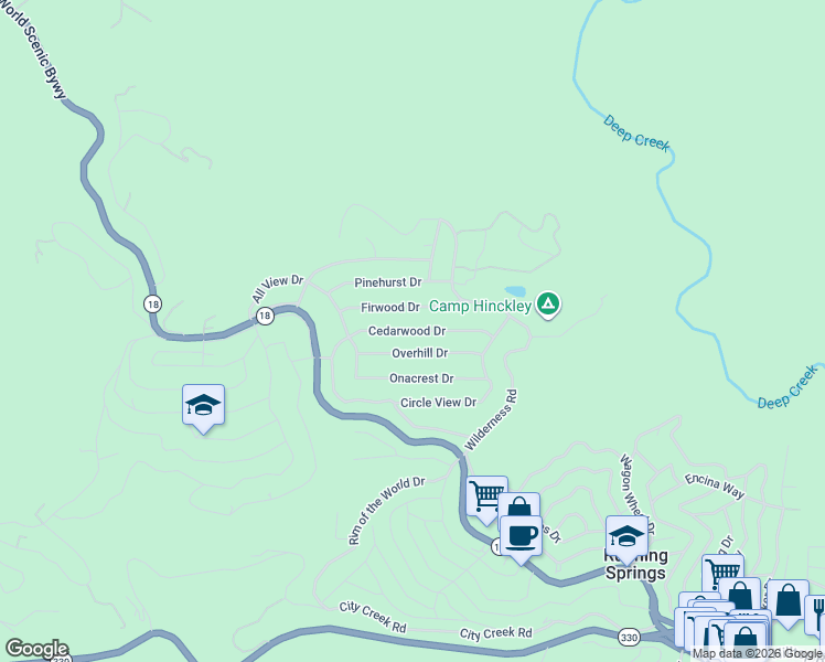 map of restaurants, bars, coffee shops, grocery stores, and more near Cedarwood Drive in Running Springs