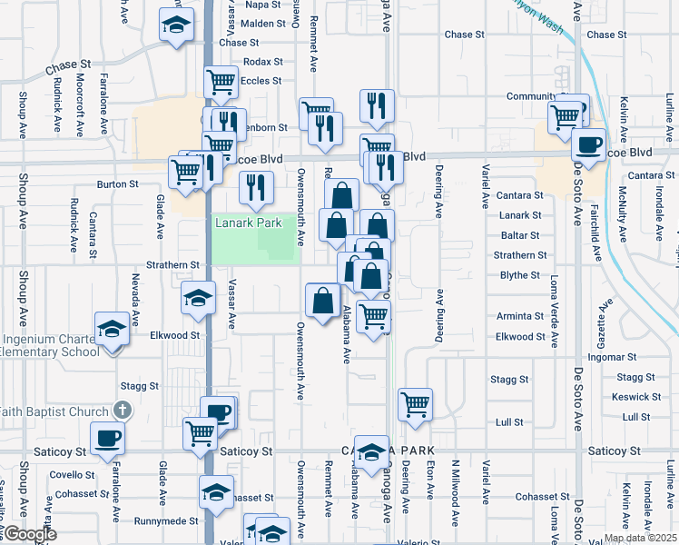 map of restaurants, bars, coffee shops, grocery stores, and more near 21520 Strathern Street in Los Angeles