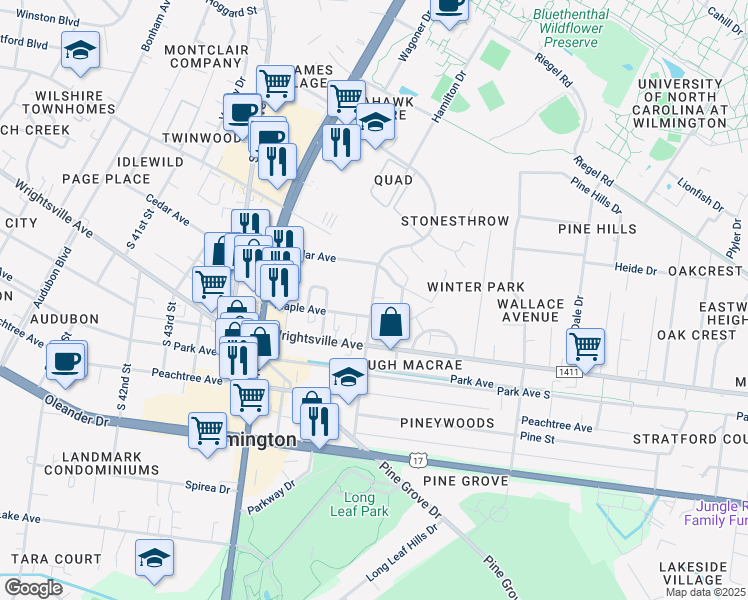 map of restaurants, bars, coffee shops, grocery stores, and more near 310 North Macmillan Avenue in Wilmington