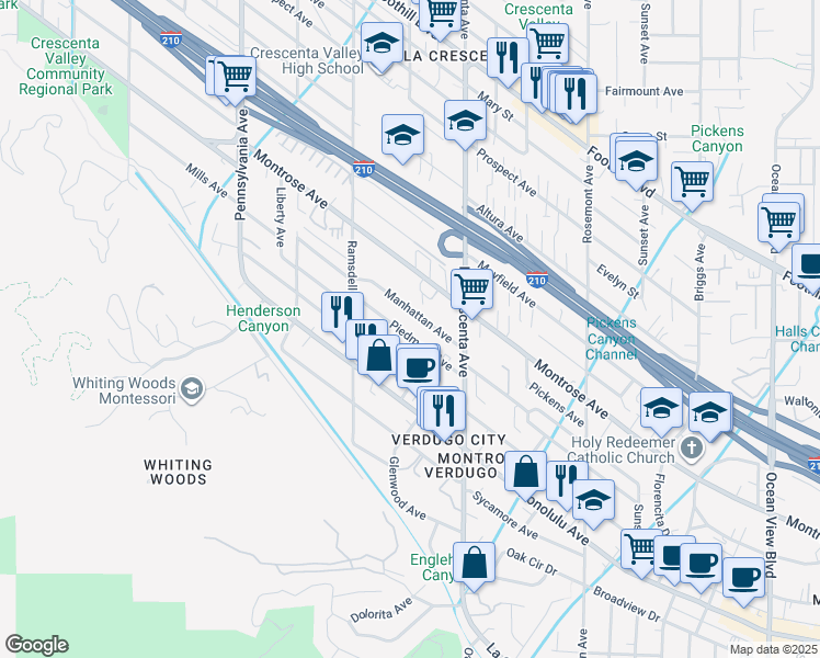 map of restaurants, bars, coffee shops, grocery stores, and more near 2861 Piedmont Avenue in Glendale