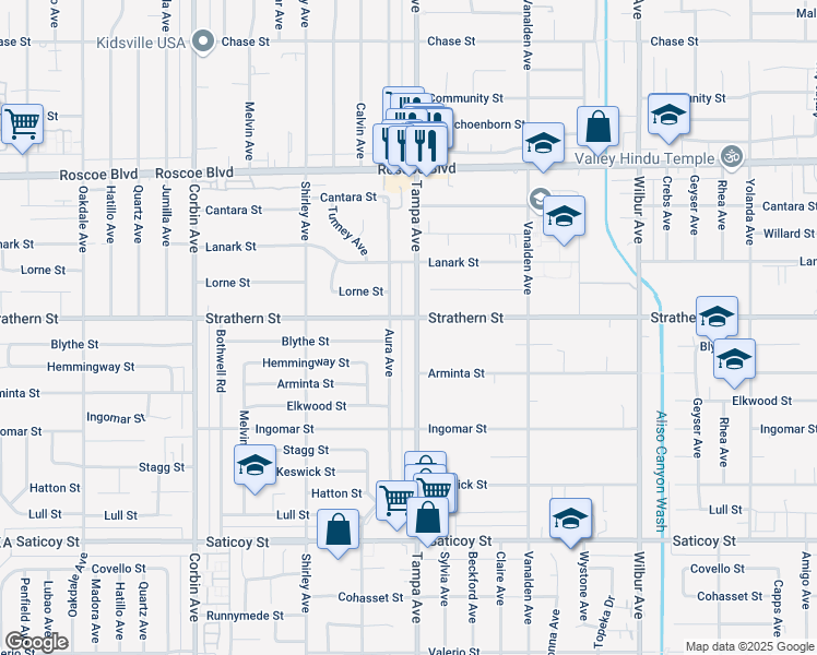 map of restaurants, bars, coffee shops, grocery stores, and more near 7941 Tampa Avenue in Los Angeles