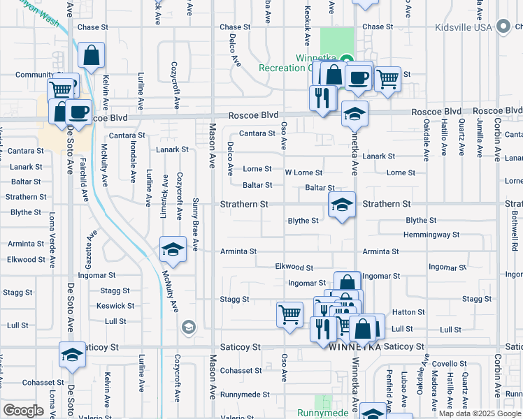 map of restaurants, bars, coffee shops, grocery stores, and more near 7938 Casaba Avenue in Los Angeles