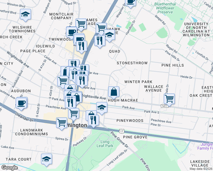 map of restaurants, bars, coffee shops, grocery stores, and more near 303 North Macmillan Avenue in Wilmington