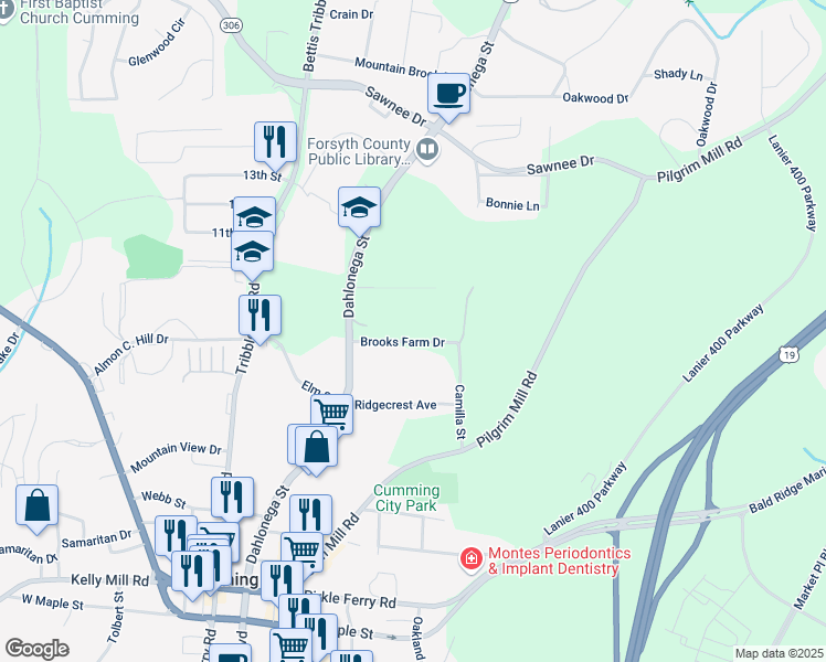map of restaurants, bars, coffee shops, grocery stores, and more near 507 Pearl Street in Cumming