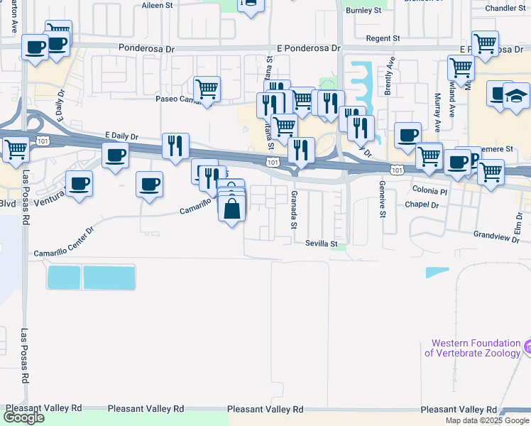 map of restaurants, bars, coffee shops, grocery stores, and more near 1150 Ventura Boulevard in Camarillo