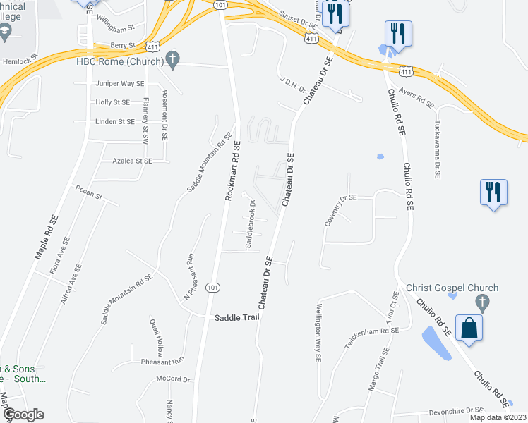 map of restaurants, bars, coffee shops, grocery stores, and more near 3 Preakness Court Southeast in Rome