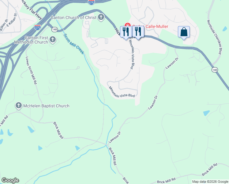 map of restaurants, bars, coffee shops, grocery stores, and more near 197 Mountain Vista Boulevard in Canton