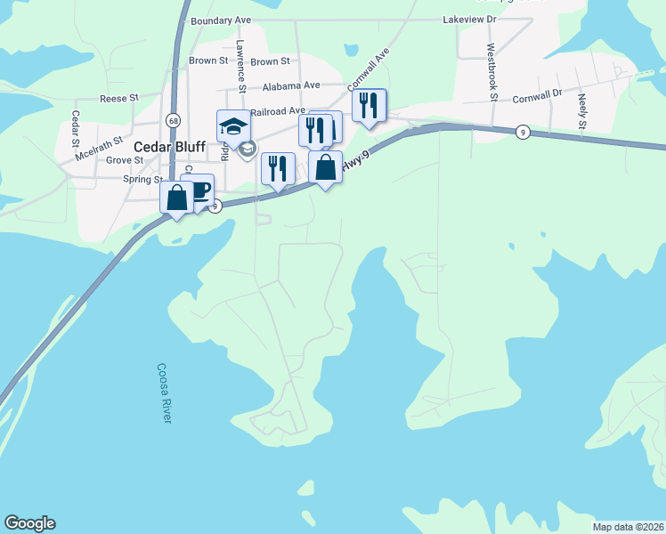 map of restaurants, bars, coffee shops, grocery stores, and more near 5220 Hidden Cove Road in Cedar Bluff
