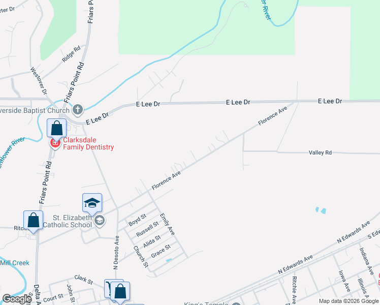 map of restaurants, bars, coffee shops, grocery stores, and more near 353 Florence Avenue in Clarksdale