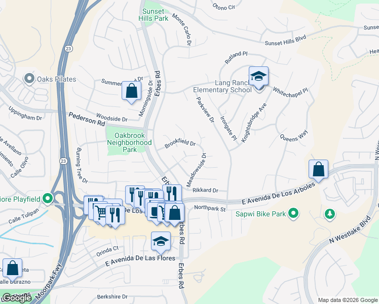 map of restaurants, bars, coffee shops, grocery stores, and more near 2147 Meadow Brook Court in Thousand Oaks