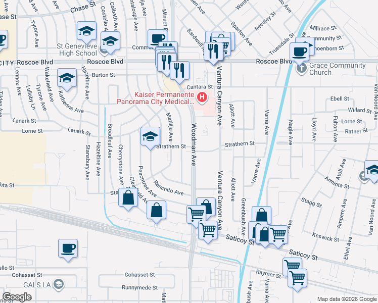 map of restaurants, bars, coffee shops, grocery stores, and more near 7945 Woodman Avenue in Los Angeles