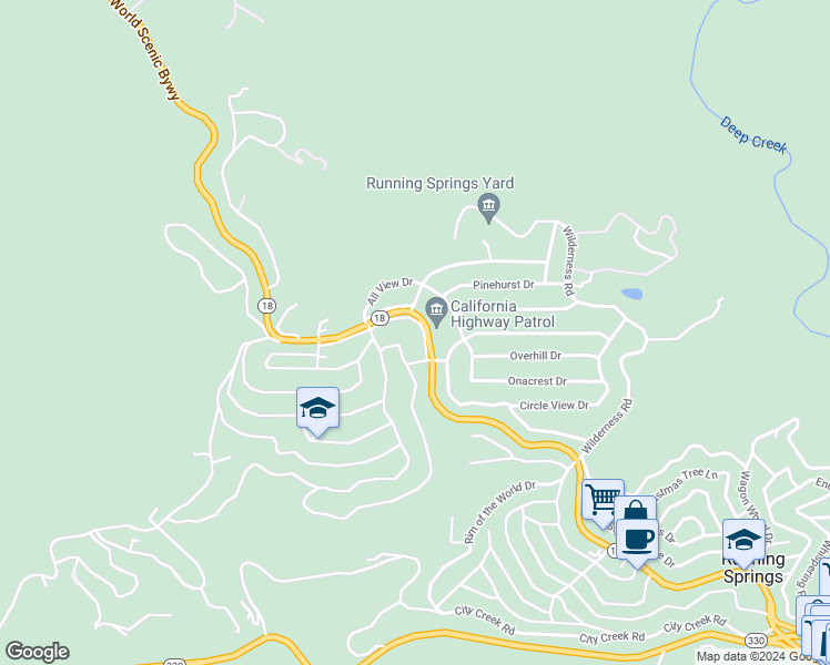 map of restaurants, bars, coffee shops, grocery stores, and more near 31225 Old Highway 18 North in Running Springs