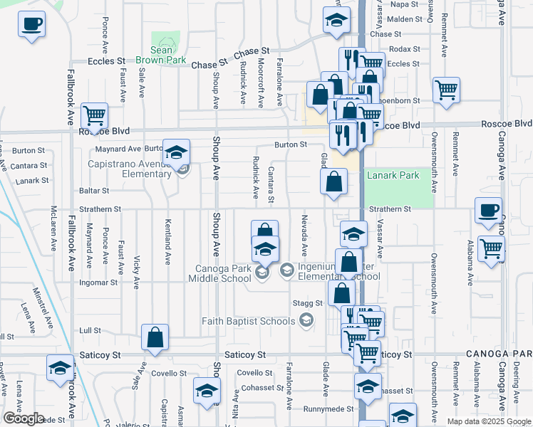 map of restaurants, bars, coffee shops, grocery stores, and more near 22236 Strathern Street in Los Angeles