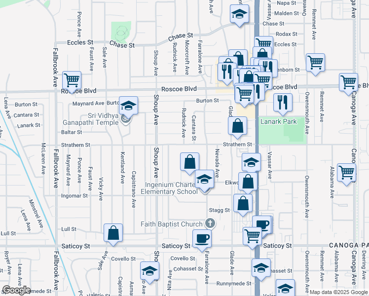 map of restaurants, bars, coffee shops, grocery stores, and more near 22250 Strathern Street in Los Angeles