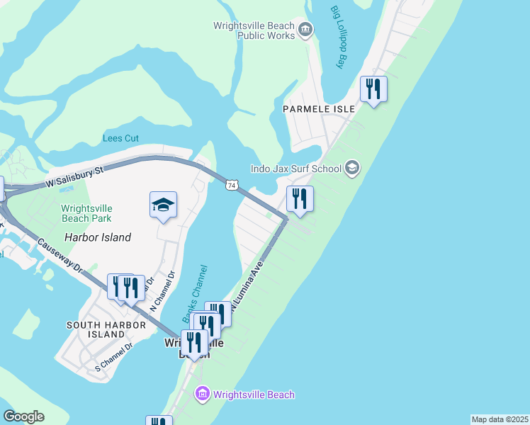 map of restaurants, bars, coffee shops, grocery stores, and more near 16 West Greensboro Street in Wrightsville Beach