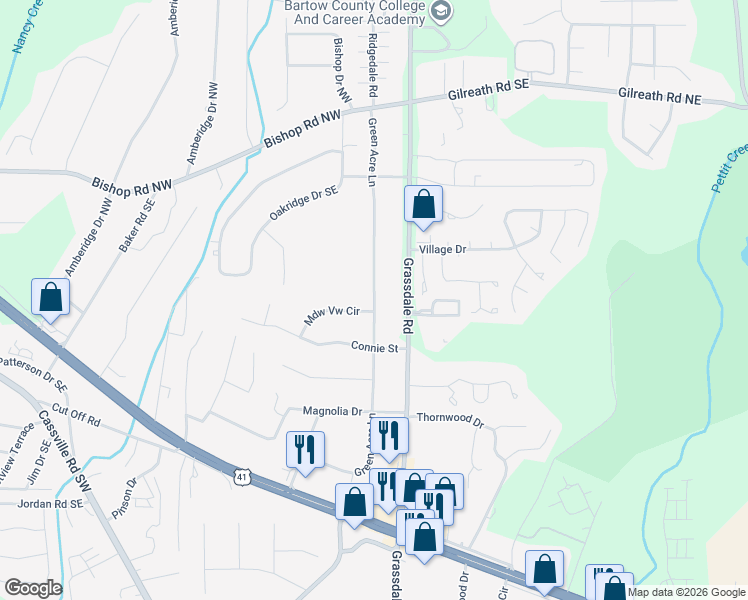 map of restaurants, bars, coffee shops, grocery stores, and more near 210 Green Acre Lane in Cartersville