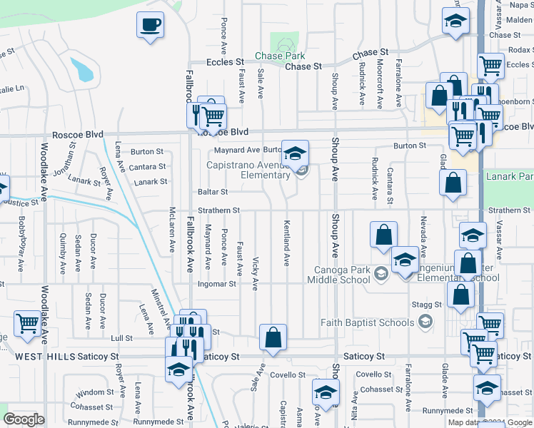 map of restaurants, bars, coffee shops, grocery stores, and more near 7957 Sale Avenue in Los Angeles