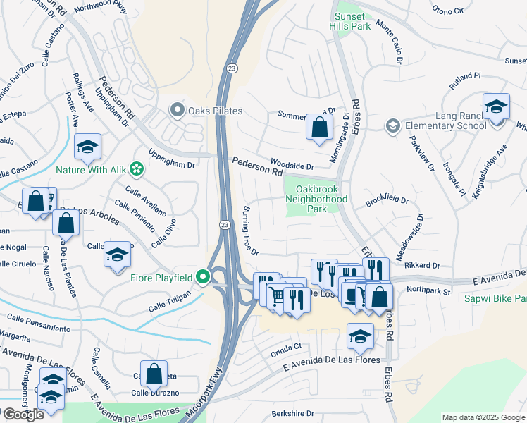 map of restaurants, bars, coffee shops, grocery stores, and more near 2716 Cedarwood Place in Thousand Oaks