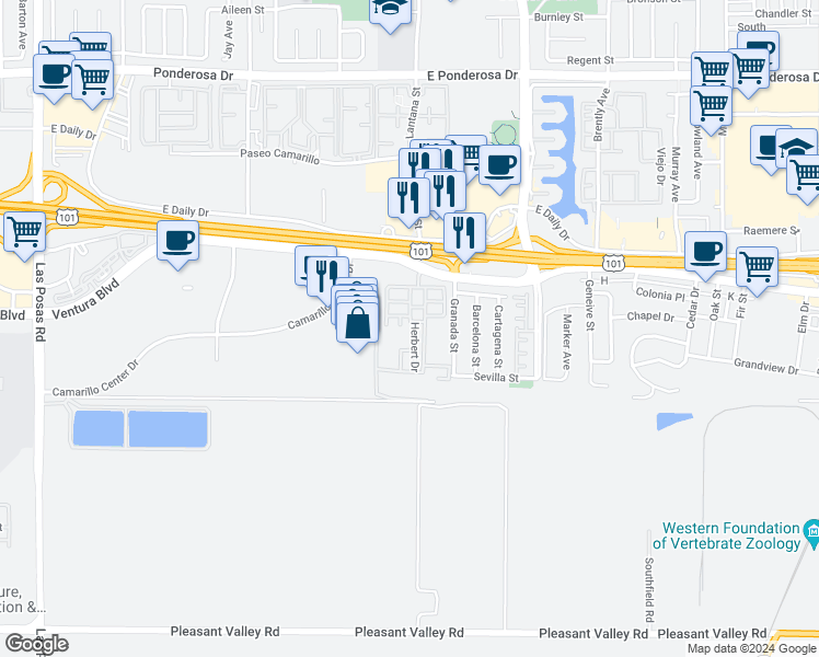 map of restaurants, bars, coffee shops, grocery stores, and more near 1150 Ventura Boulevard in Camarillo