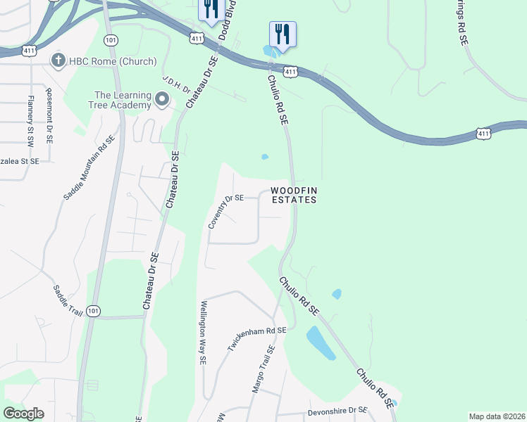 map of restaurants, bars, coffee shops, grocery stores, and more near 20 Cumberland Drive Southeast in Rome