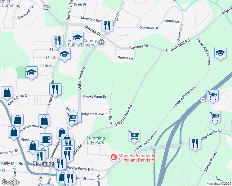 map of restaurants, bars, coffee shops, grocery stores, and more near 509 Pearl Street in Cumming