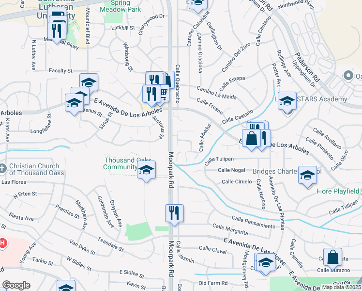 map of restaurants, bars, coffee shops, grocery stores, and more near 2662 Calle Bienvenido in Thousand Oaks