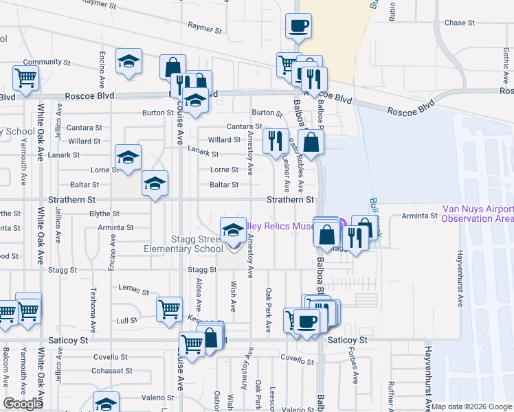 map of restaurants, bars, coffee shops, grocery stores, and more near 7958 Amestoy Avenue in Los Angeles