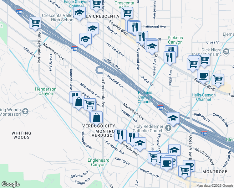 map of restaurants, bars, coffee shops, grocery stores, and more near 2713 Montrose Avenue in Glendale