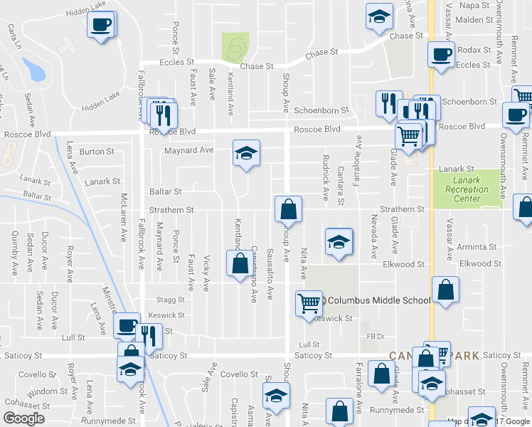 map of restaurants, bars, coffee shops, grocery stores, and more near 7957 Sausalito Avenue in Los Angeles