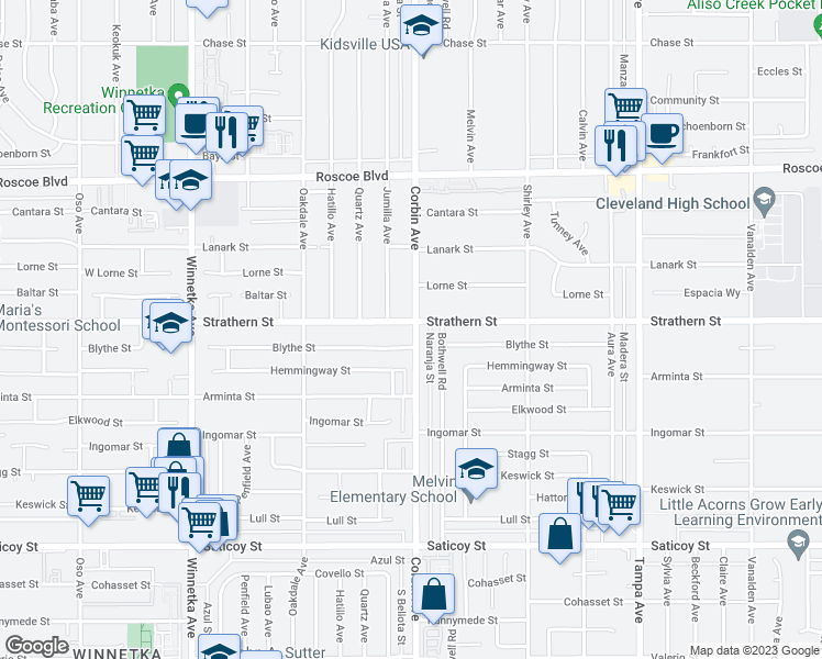 map of restaurants, bars, coffee shops, grocery stores, and more near 19700 Strathern Street in Los Angeles