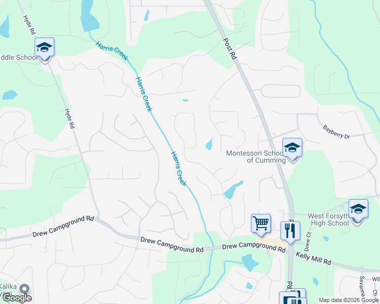 map of restaurants, bars, coffee shops, grocery stores, and more near 4555 Azurite Street in Cumming