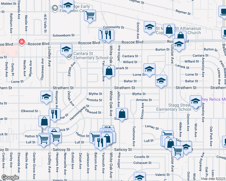 map of restaurants, bars, coffee shops, grocery stores, and more near 7952 White Oak Avenue in Los Angeles