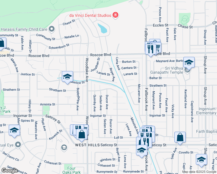 map of restaurants, bars, coffee shops, grocery stores, and more near 23035 Strathern Street in Los Angeles