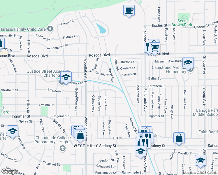 map of restaurants, bars, coffee shops, grocery stores, and more near 23029 Strathern Street in Los Angeles