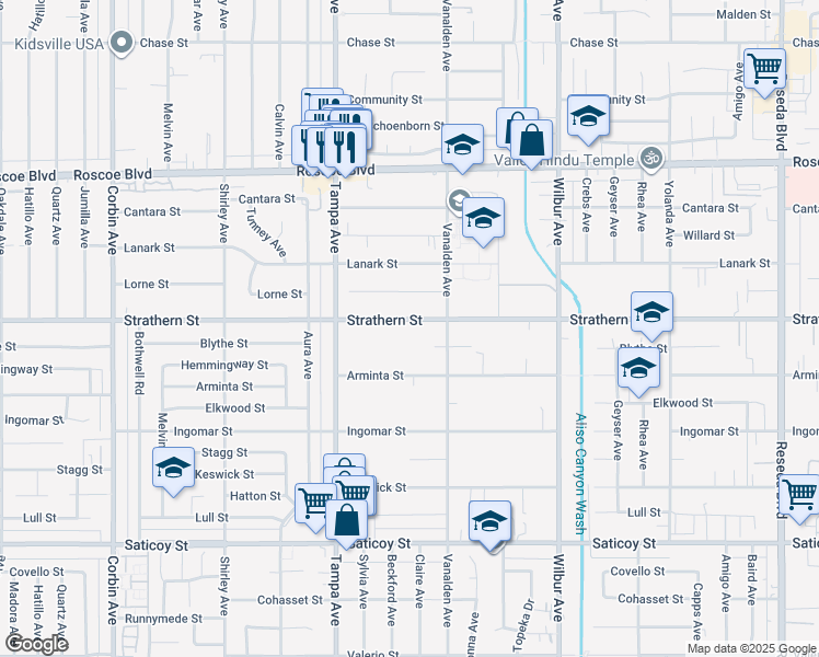 map of restaurants, bars, coffee shops, grocery stores, and more near 19154 Strathern Street in Los Angeles