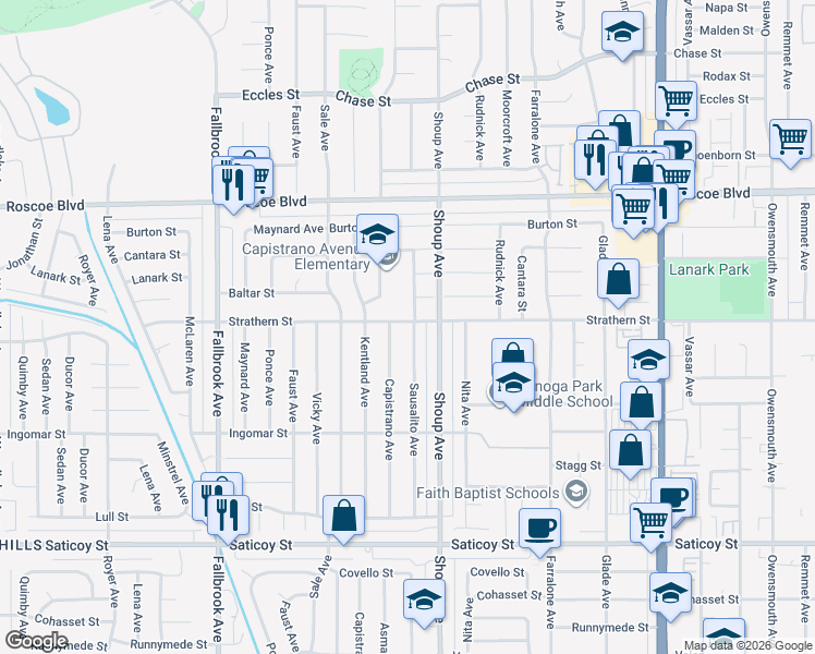 map of restaurants, bars, coffee shops, grocery stores, and more near 7957 Sausalito Avenue in Los Angeles